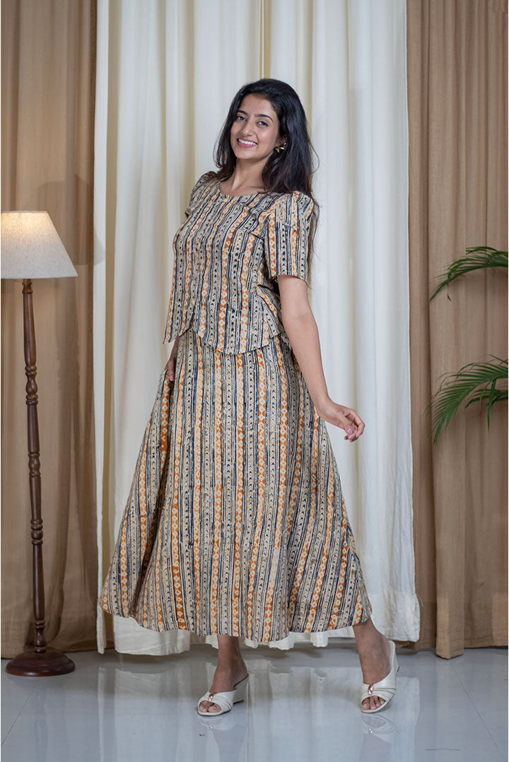 Kalamkari Hand Printed Round Neck Skirt Top Cotton Cord Set