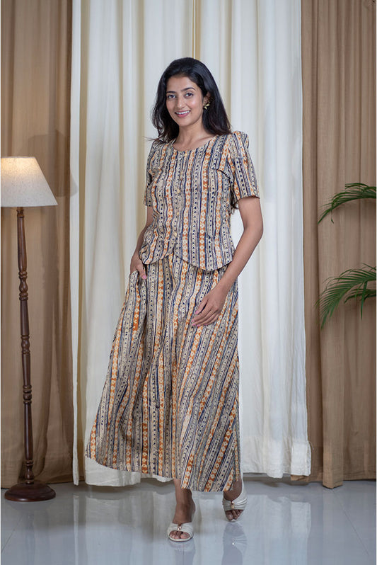 Kalamkari Hand Printed Round Neck Skirt Top Cotton Cord Set