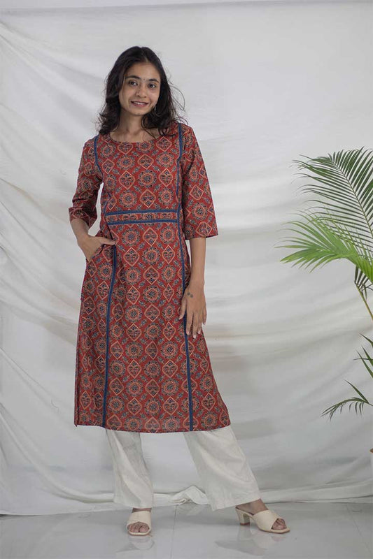 Maroon Ajrak Printed Cotton Kurti