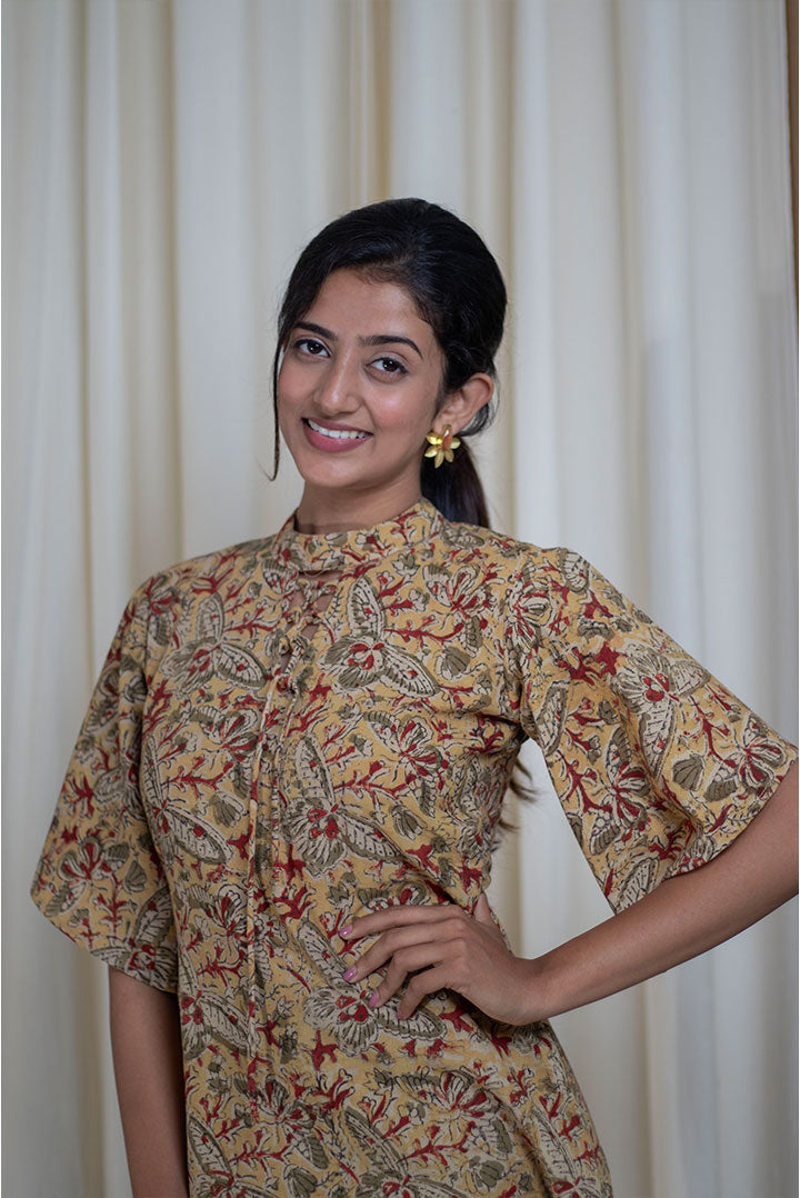 Kalamkari Hand Printed High Neck Cotton Dress