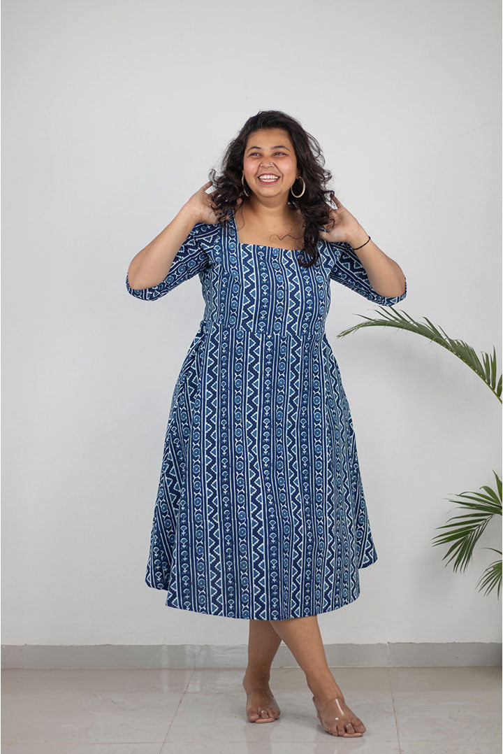 Plus Size Indigo Zig Zag Cotton Dress for Women | Handblock Printed | KMISTRY