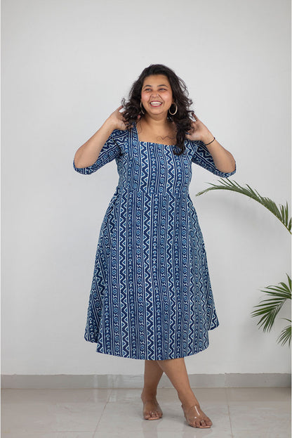 Plus Size Indigo Zig Zag Cotton Dress for Women | Handblock Printed | KMISTRY