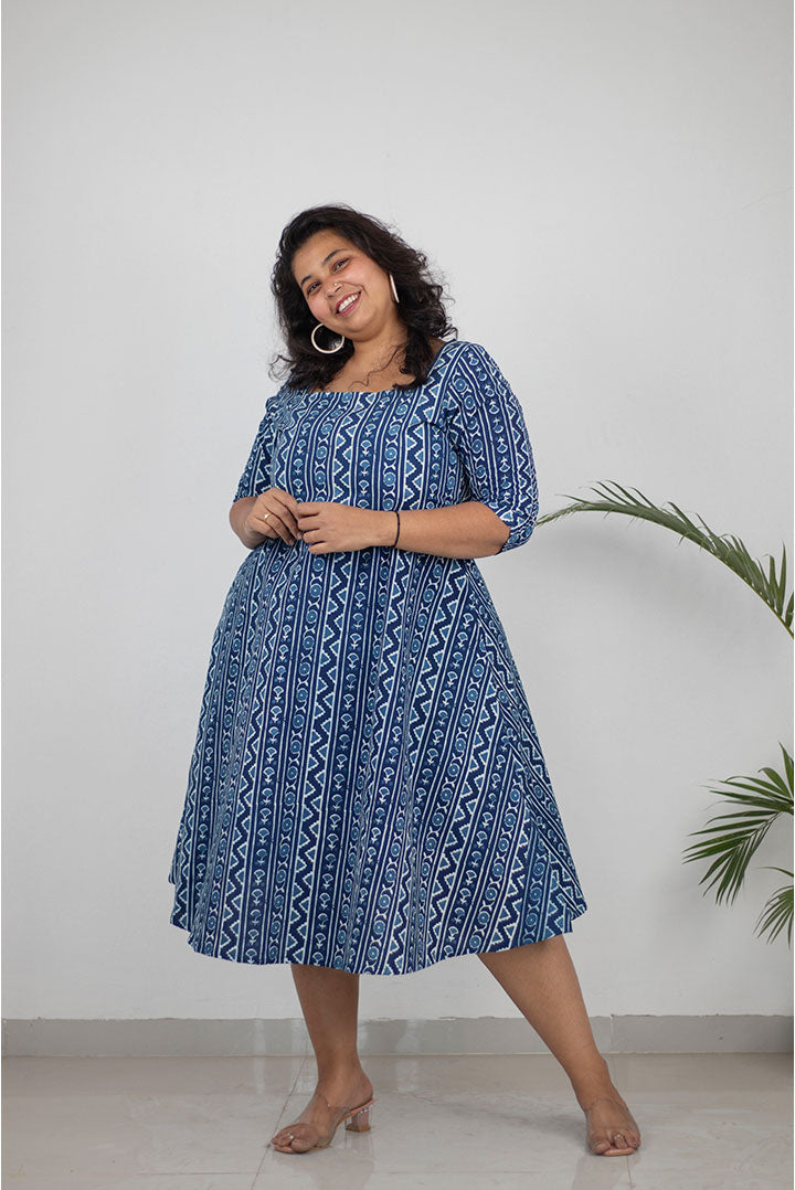 Plus Size Indigo Zig Zag Cotton Dress for Women | Handblock Printed | KMISTRY