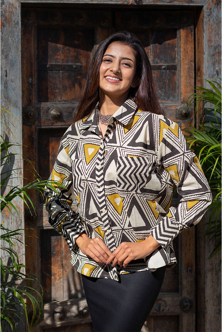 Geometric Block Printed Cotton Shirt