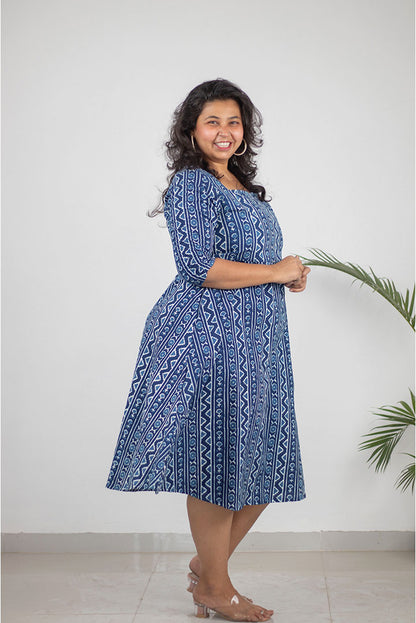 Plus Size Indigo Zig Zag Cotton Dress for Women | Handblock Printed | KMISTRY