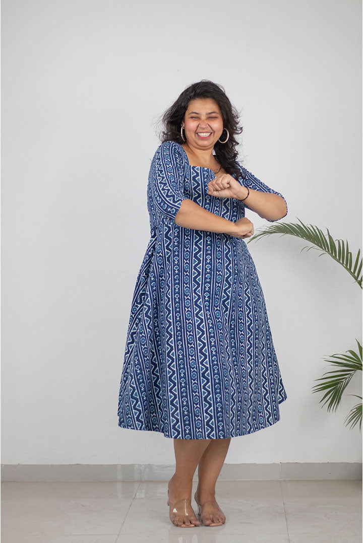 Plus Size Indigo Zig Zag Cotton Dress for Women | Handblock Printed | KMISTRY