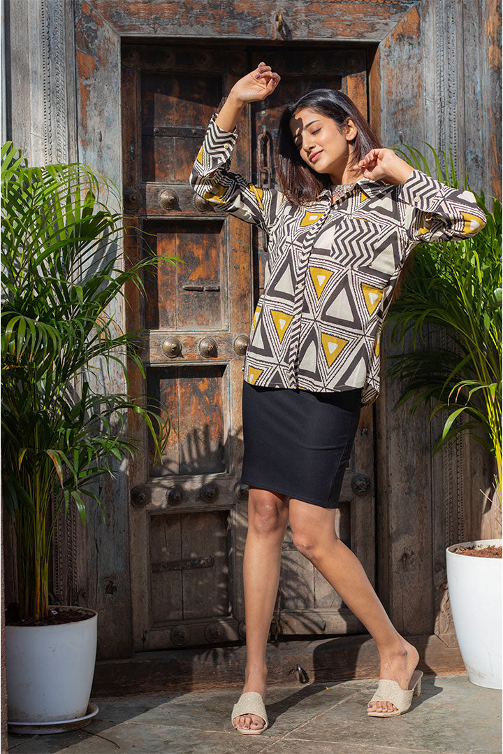Geometric Block Printed Cotton Shirt