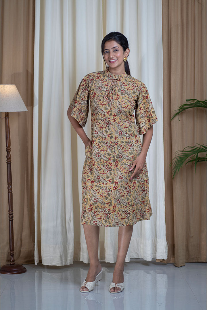 Kalamkari Hand Printed High Neck Cotton Dress