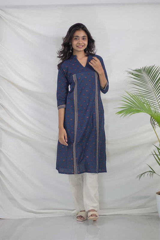 Blue Kamal Print Pocket Cotton Kurti