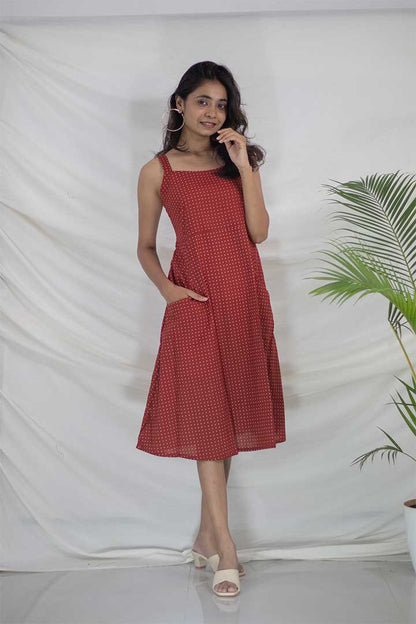Maroon Polka Dot Strap Cotton Dress