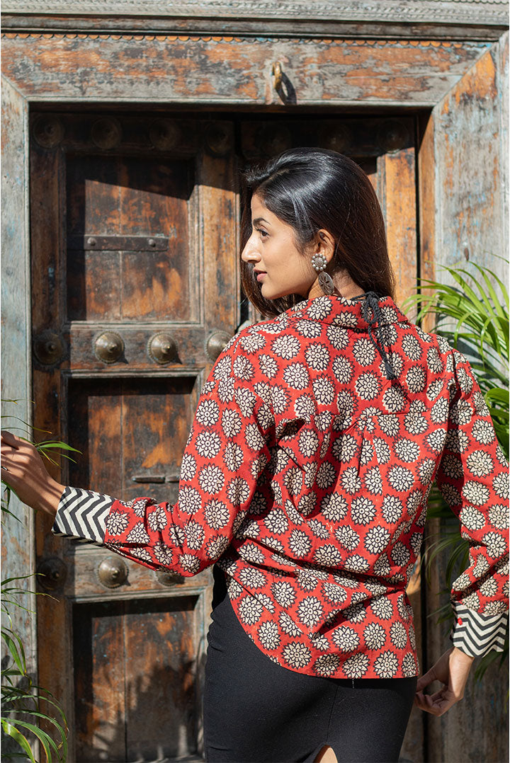 Maroon Sunflower  Block printed cotton Shirt