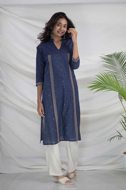 Blue Kamal Print Pocket Cotton Kurti