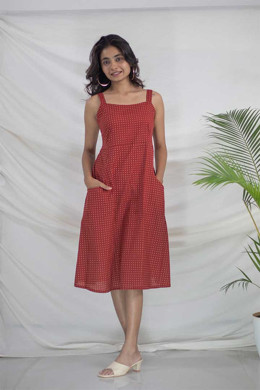 Maroon Polka Dot Strap Cotton Dress