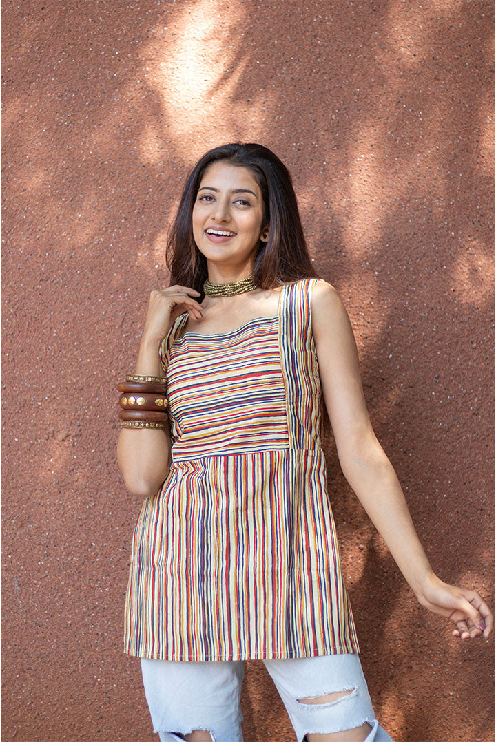 Cotton Top square neck with multi colour lines print