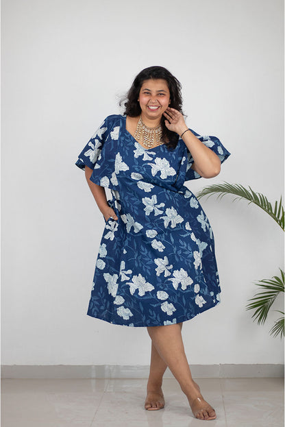 Plus Indigo Floral Butterfly Cotton Dress