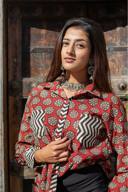 Maroon Sunflower  Block printed cotton Shirt