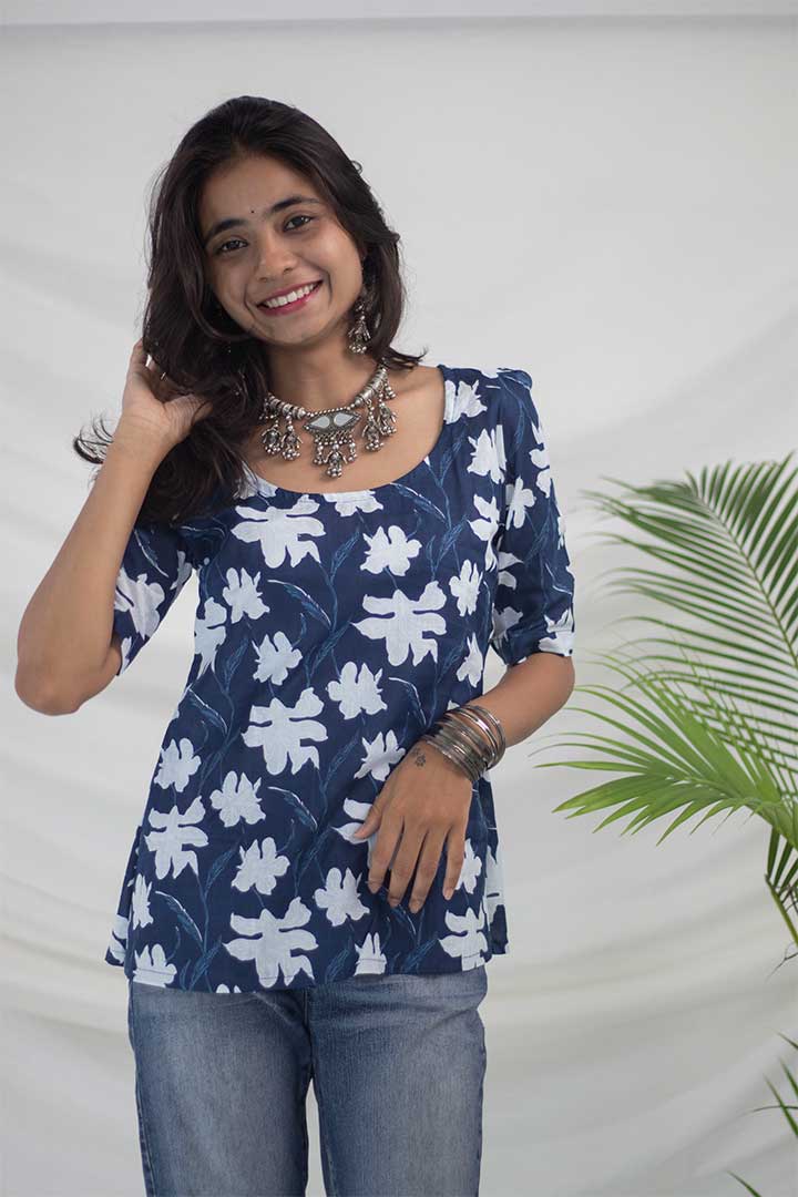 Blue Floral Cotton Top
