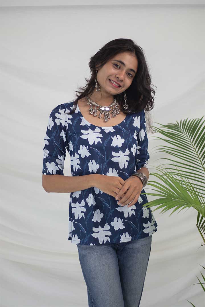 Blue Floral Cotton Top