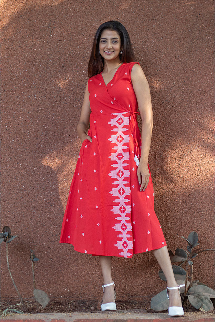 Wrap Style Cotton Red Dress