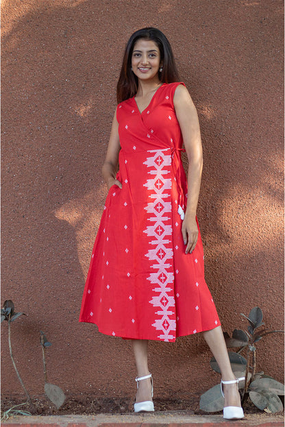 Wrap Style Cotton Red Dress