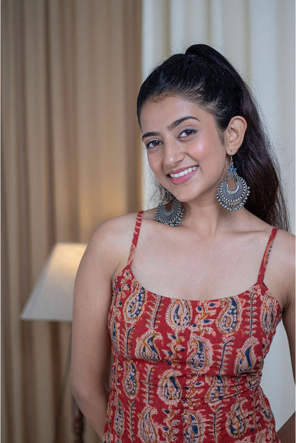 Kalamkari Hand Printed Spaggeti Strap Body Cone Cotton Dress