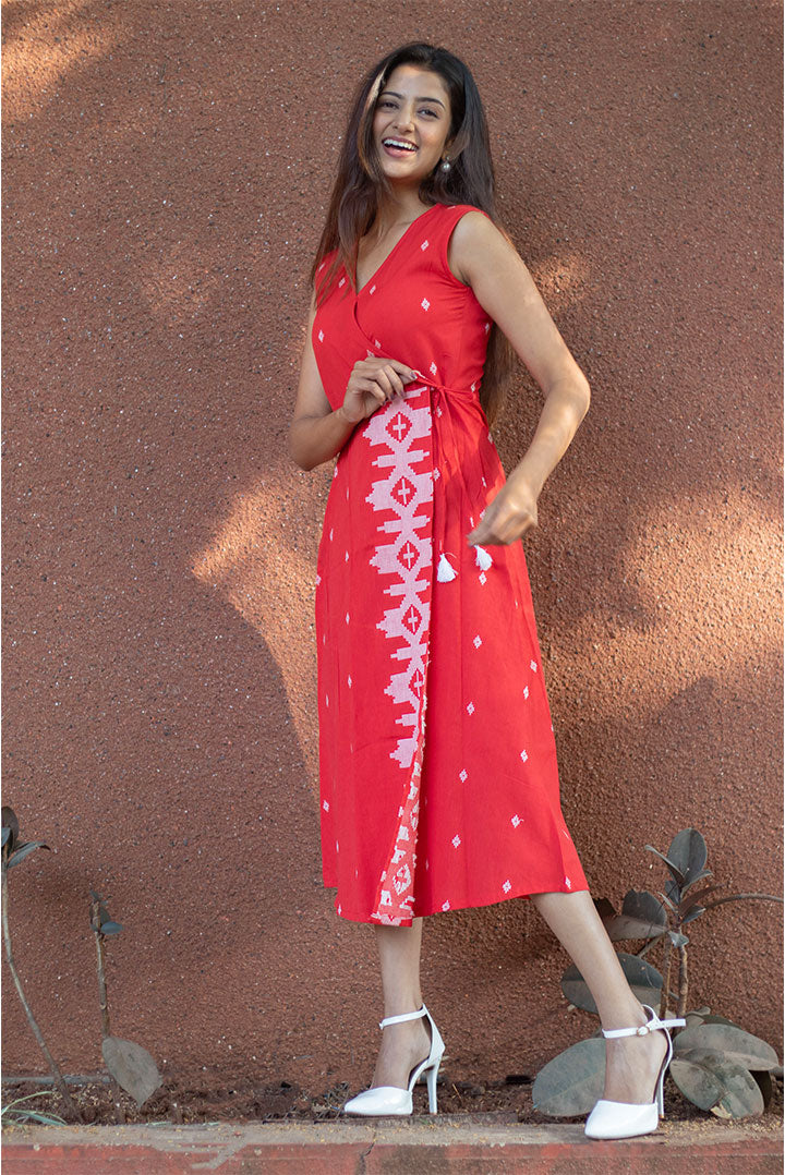 Wrap Style Cotton Red Dress