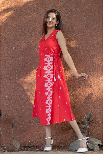 Wrap Style Cotton Red Dress