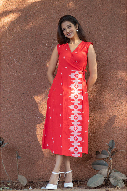 Wrap Style Cotton Red Dress
