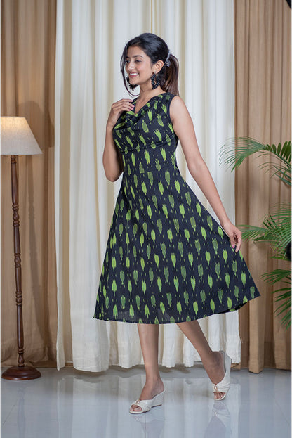Ikhat D.Green Black Cawl Neck Cotton Dress