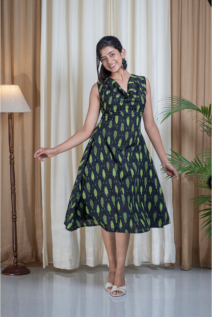 Ikhat D.Green Black Cawl Neck Cotton Dress