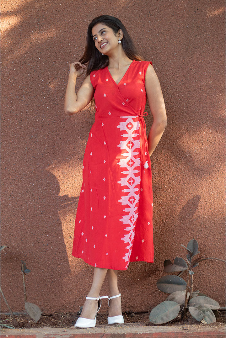 Wrap Style Cotton Red Dress