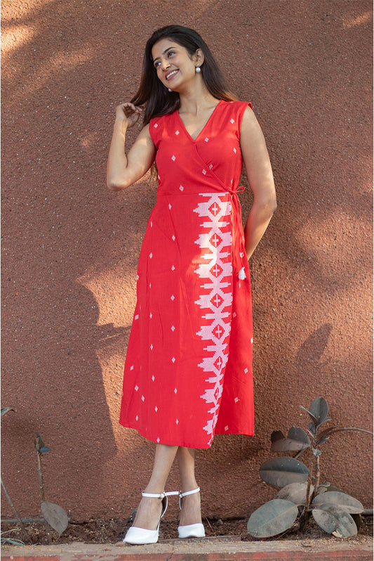 Wrap Style Cotton Red Dress