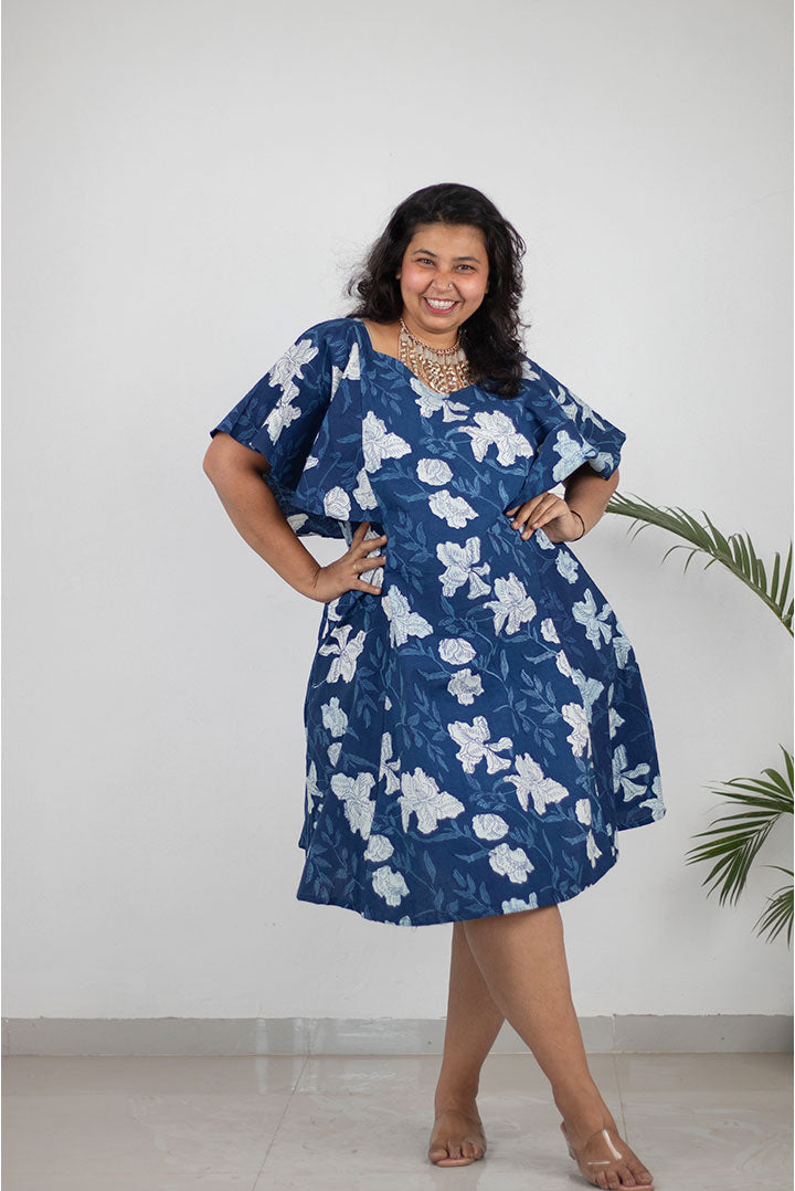 Plus Indigo Floral Butterfly Cotton Dress