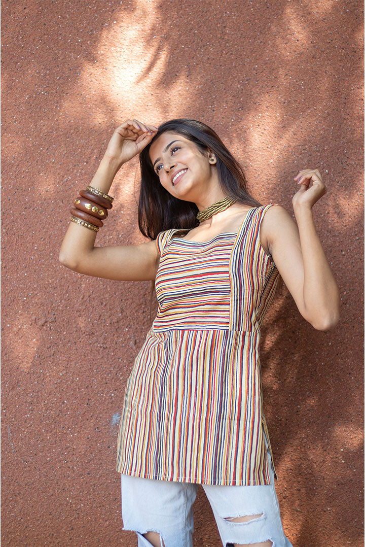 Cotton Top square neck with multi colour lines print