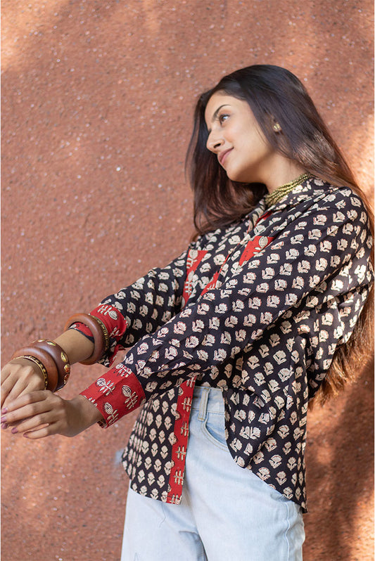 Black Floral Block printed Cotton Shirt
