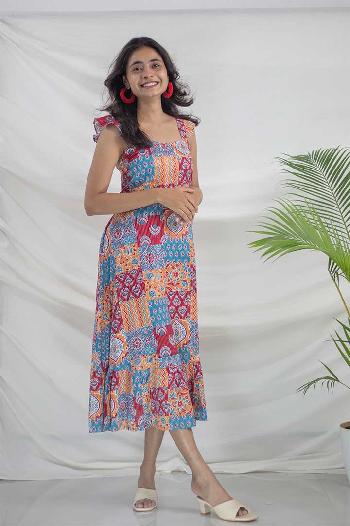 Frill Spagetti Patch work Print Maxi Dress