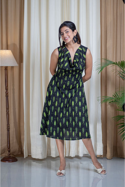 Ikhat D.Green Black Cawl Neck Cotton Dress