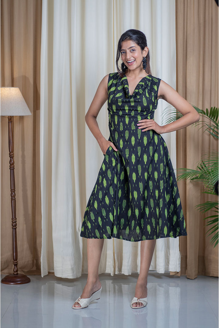 Ikhat D.Green Black Cawl Neck Cotton Dress