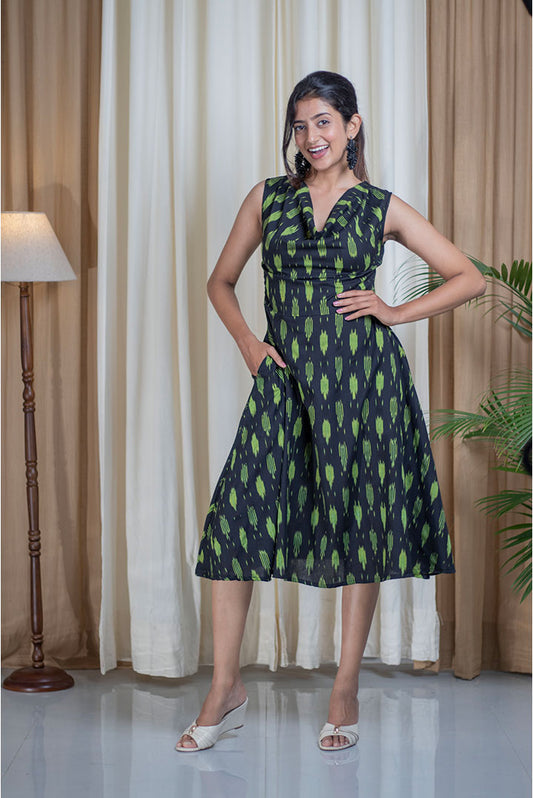 Ikhat D.Green Black Cawl Neck Cotton Dress