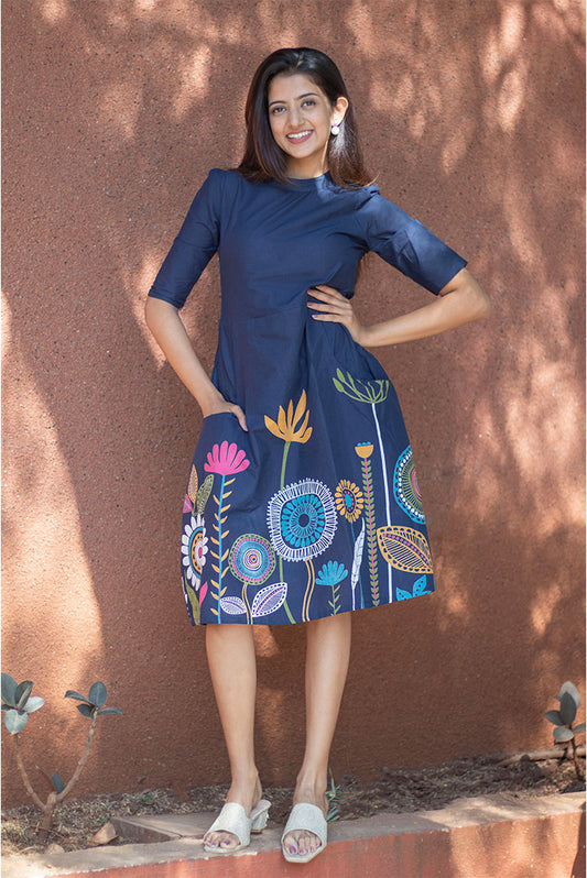 Blue Printed High neck Cotton Dress