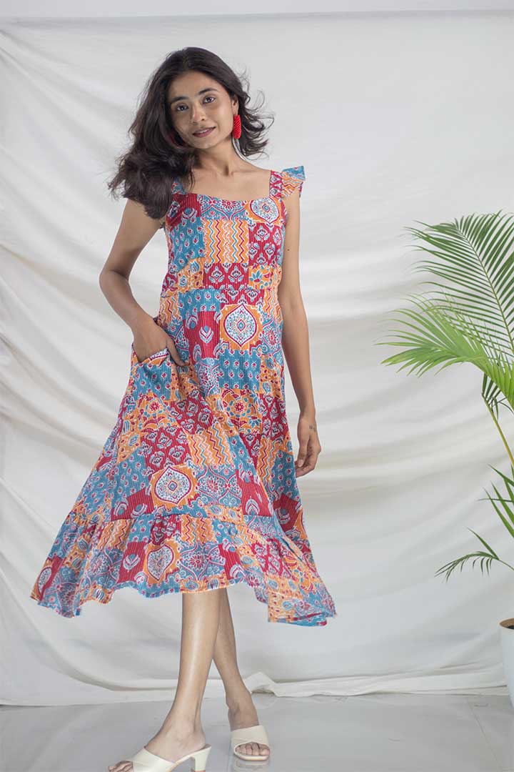 Frill Spagetti Patch work Print Maxi Dress