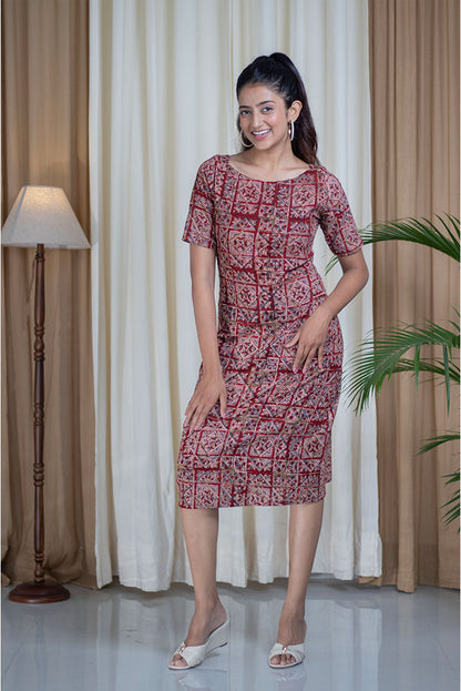 Kalamkari hand Block Printed Boat Neck Cotton Dress