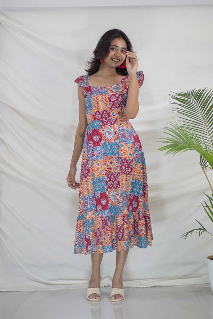 Frill Spagetti Patch work Print Maxi Dress