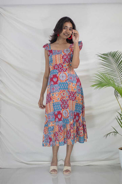 Frill Spagetti Patch work Print Maxi Dress