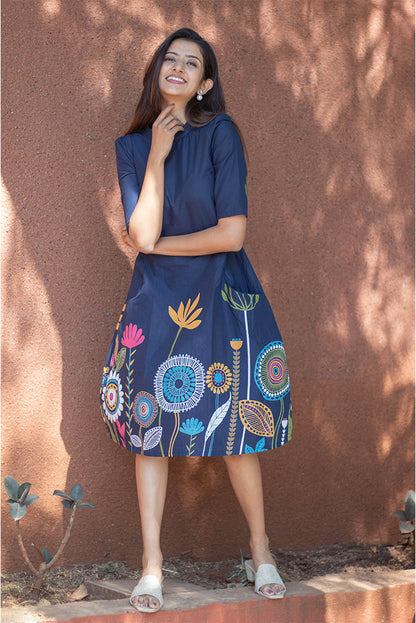 Blue Printed High neck Cotton Dress