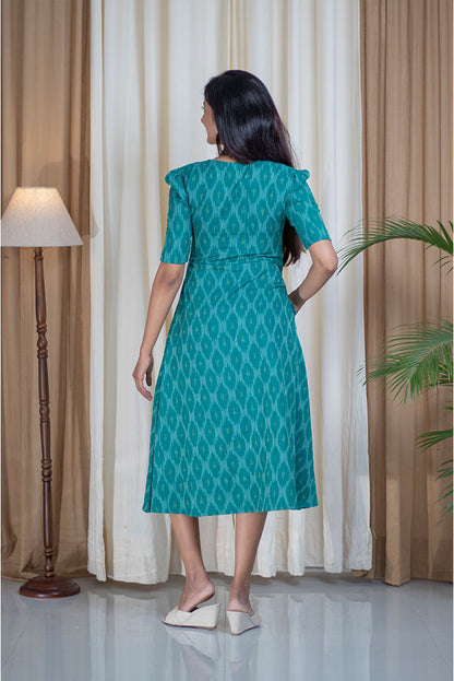Ikhat Green Achkan Style Cotton Pocket Dress