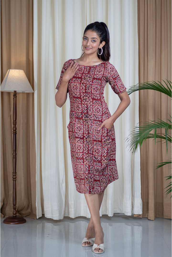 Kalamkari hand Block Printed Boat Neck Cotton Dress
