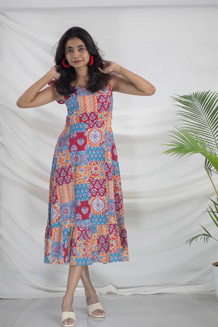 Frill Spagetti Patch work Print Maxi Dress