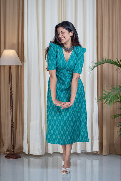 Ikhat Green Achkan Style Cotton Pocket Dress