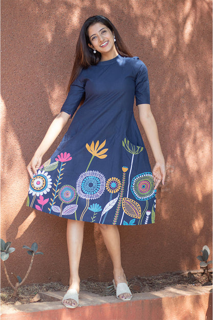 Blue Printed High neck Cotton Dress